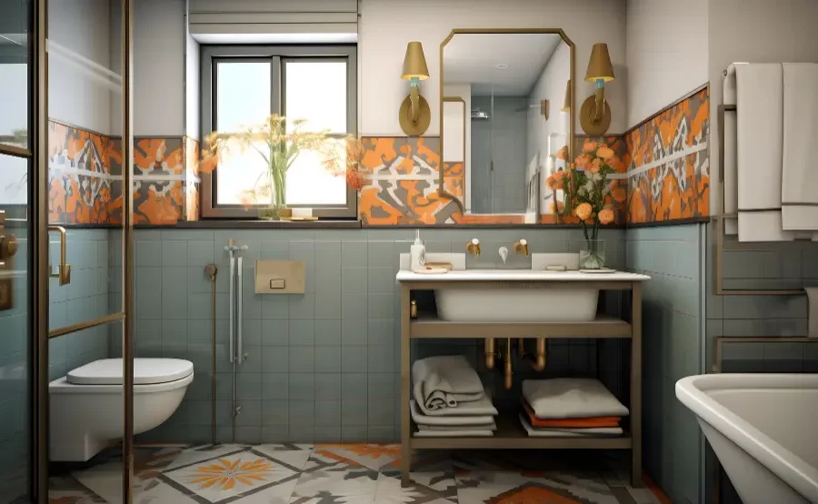 Modern bathroom with stylish decor and fixtures.