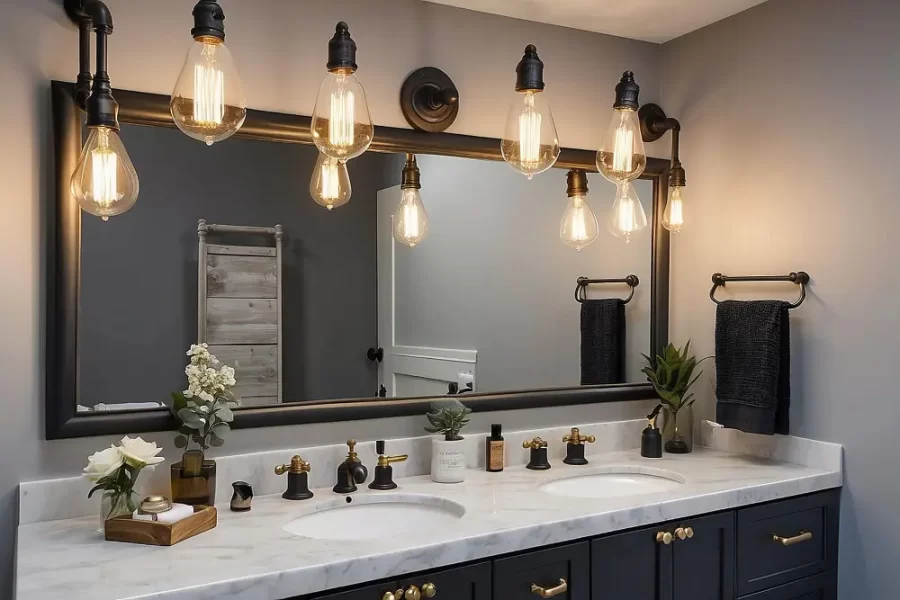 Stylish bathroom with double sinks and modern lighting.
