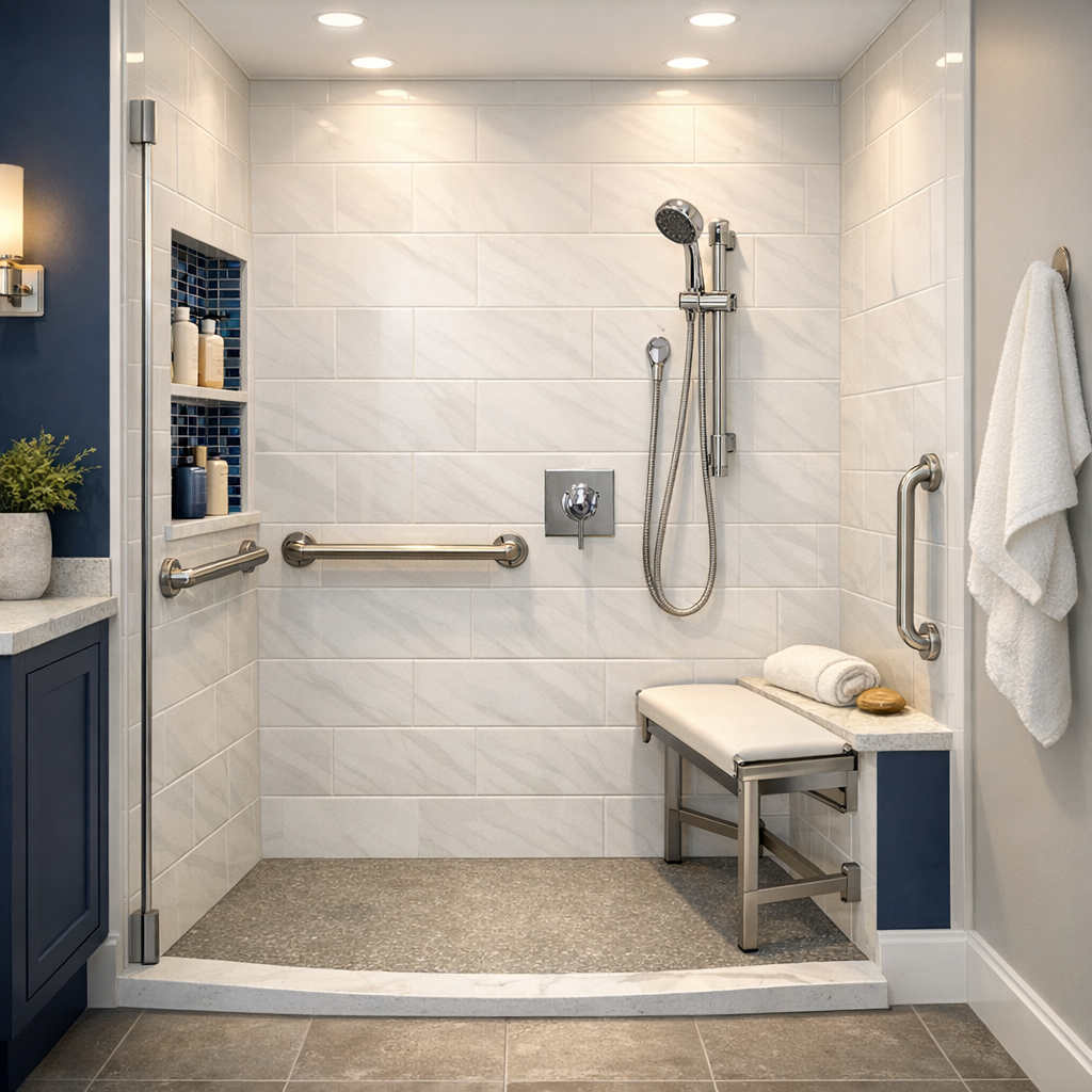 Accessible TubSafe walk-in shower with grab bars seat and handheld showerhead
