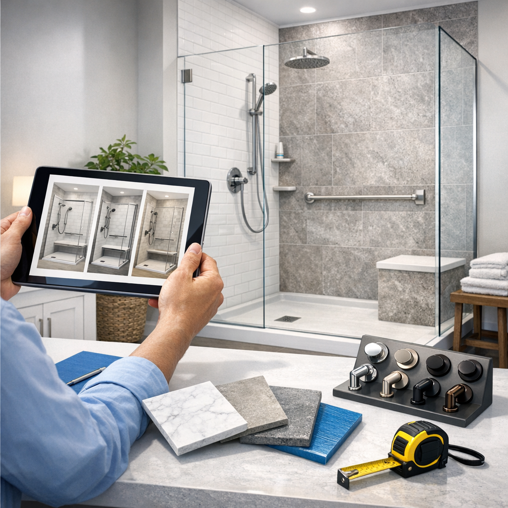 Custom TubSafe shower design consultation with wall styles and fixture options