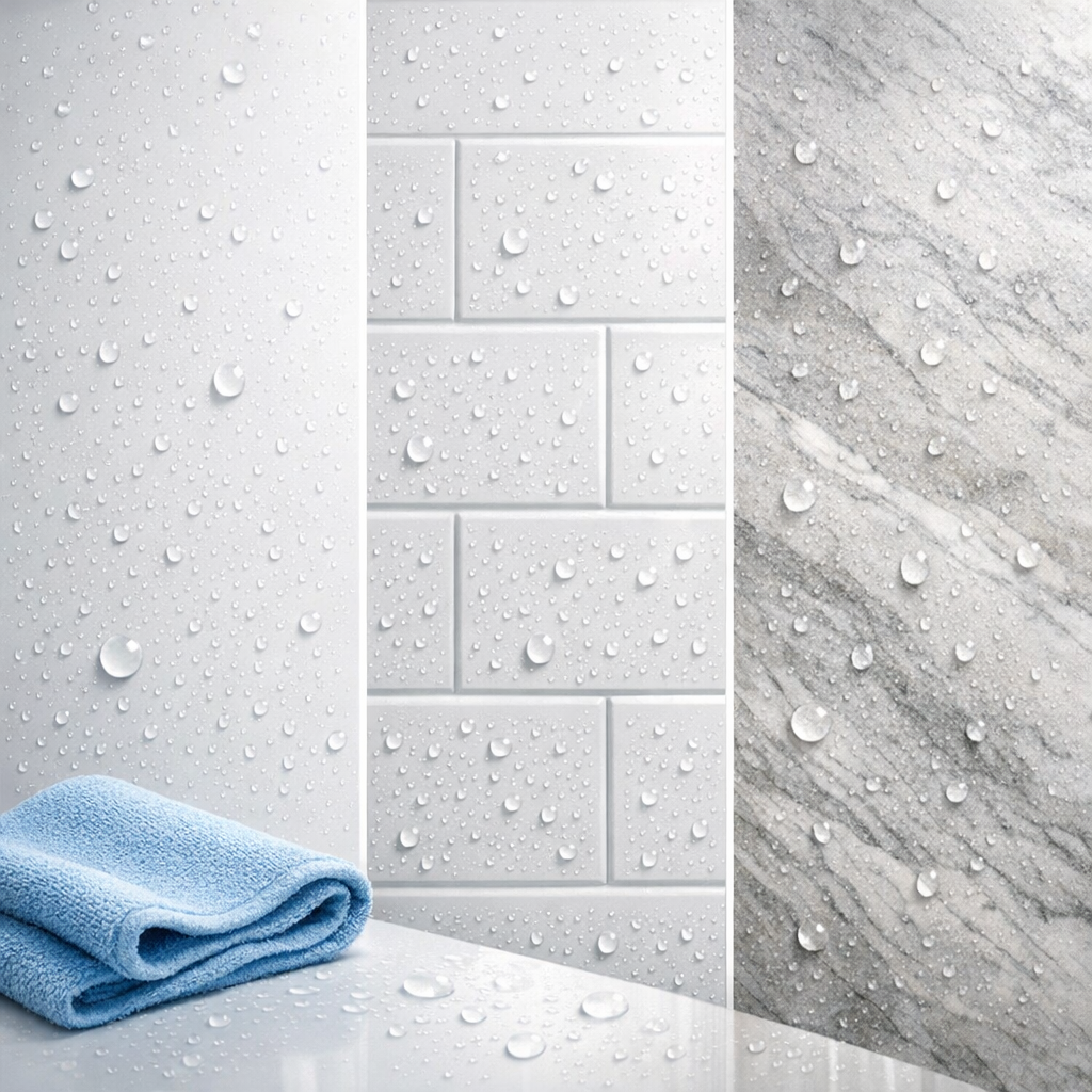 TubSafe easy-clean shower wall materials with smooth tile-look and stone-look finishes